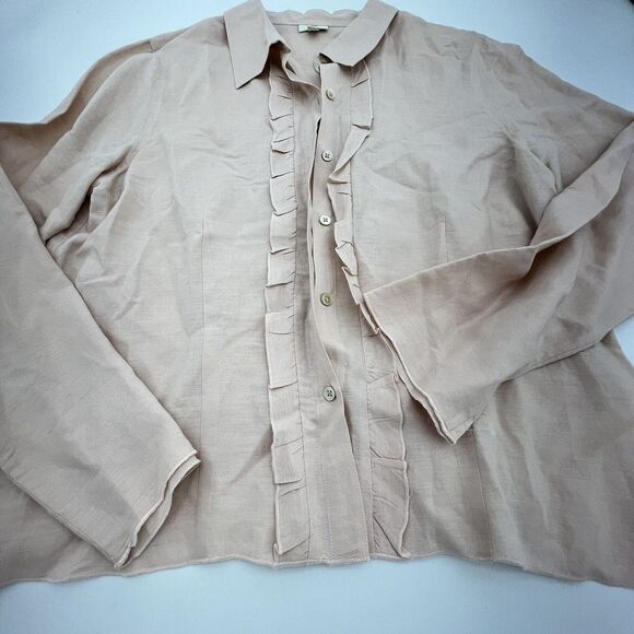 J Jill Blush Pink Ruffle Button Up Shirt Long Sleeve Linen Blend Size L - Picture 1 of 4